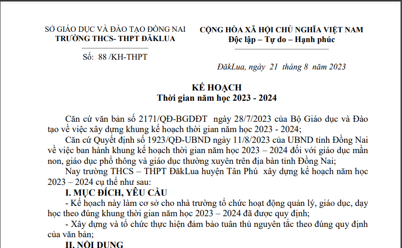 Kế hoạch thời gian năm học 2023-2024