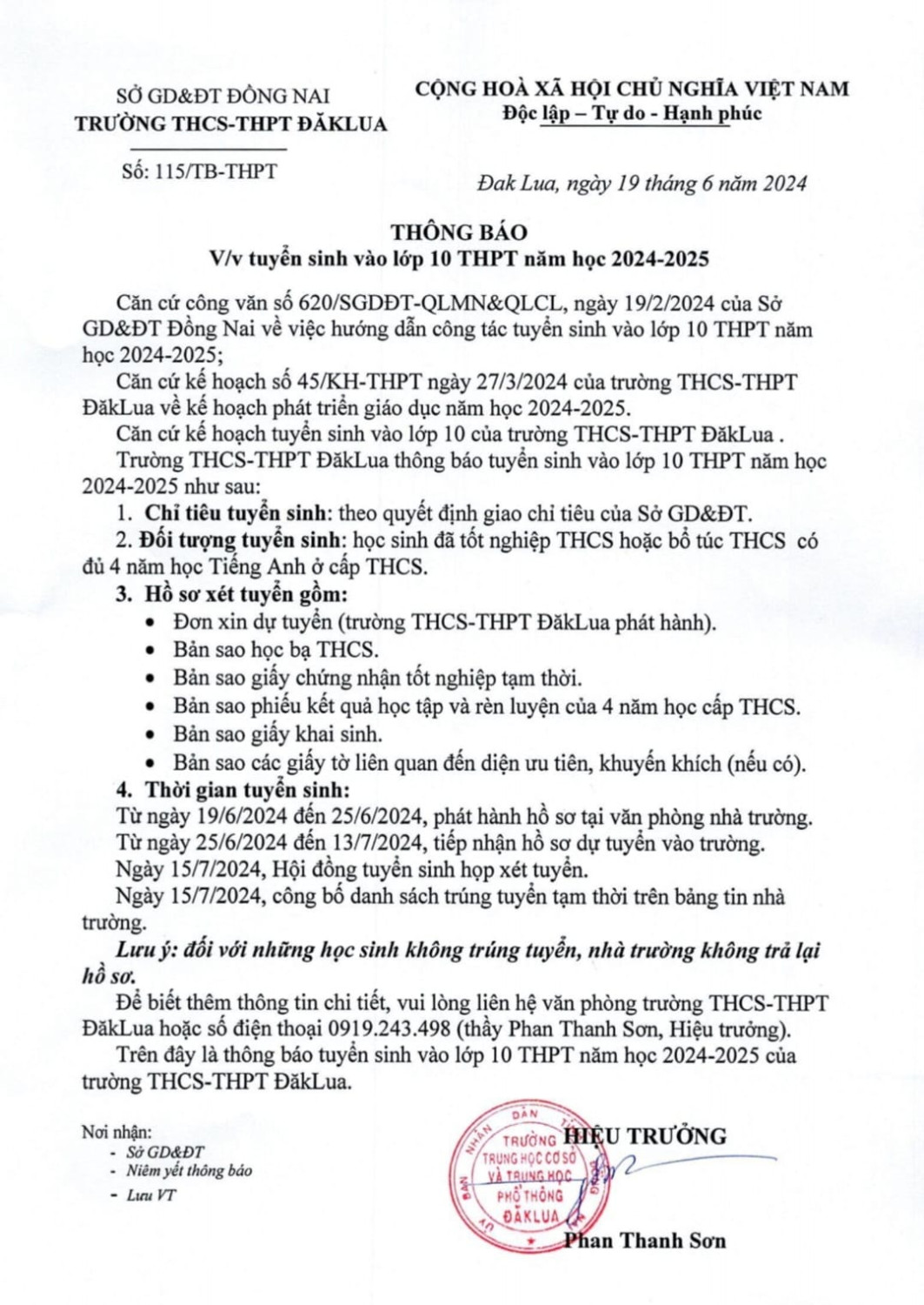 Thông báo tuyển sinh vào lớp 10 THPT năm học 2024-2025
