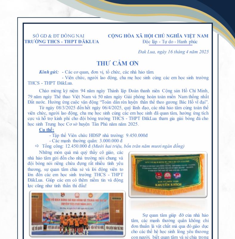 Thư cảm ơn quý mạnh thường quân về việc hỗ trợ kinh phí cho đội bóng trường THCS - THPT ĐăkLua